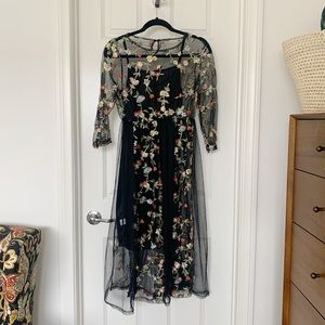 Textured Floral Embroidery Mesh Black Dress with Black Slip, Size Small
